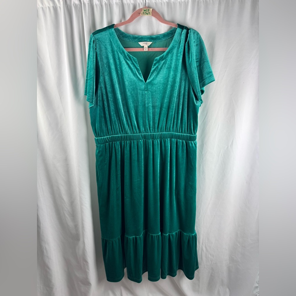 Terra & Sky Green Flutter Sleeve Midi Velvet Dress